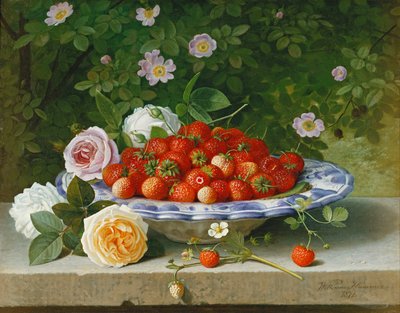 Fraises dans un Buckelteller bleu et blanc avec des roses et des églantiers sur un rebord, 1871 - William Hammer