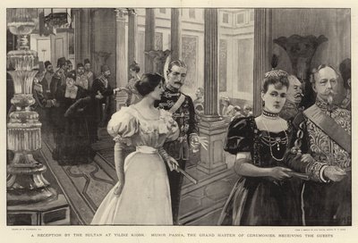 Une réception par le sultan au kiosque de Yildiz, Munir Pacha, le grand maître des cérémonies, recevant les invités - William Hatherell