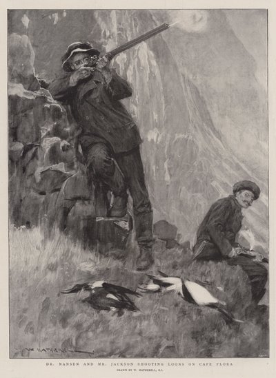 Le Dr Nansen et M. Jackson tirant sur des plongeons au Cap Flora - William Hatherell