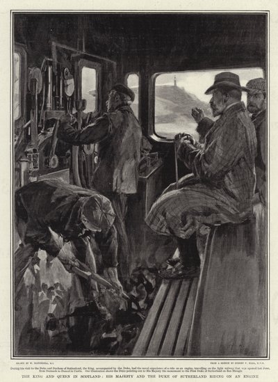 Le roi et la reine en Écosse, Sa Majesté et le duc de Sutherland à cheval sur une locomotive - William Hatherell