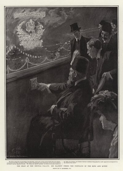 Le Shah au Crystal Palace, Sa Majesté tirant sur les portraits du roi et de la reine - William Hatherell