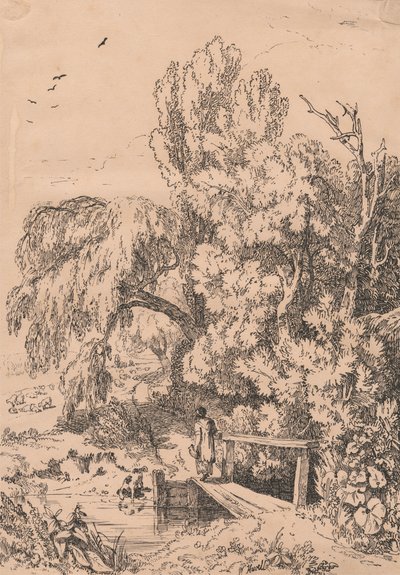 Paysage avec arbres, fille traversant une passerelle - William Havell