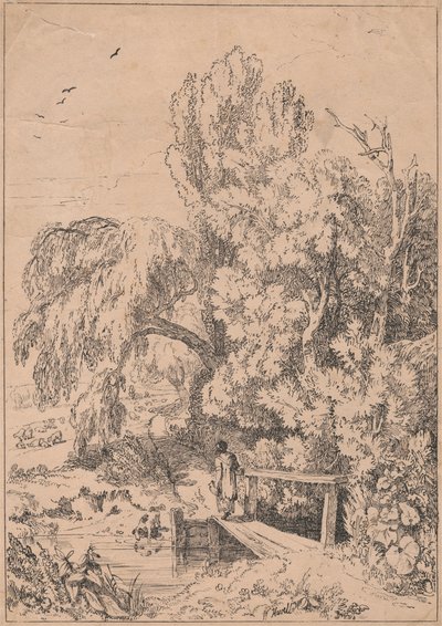 Paysage avec arbres, filles traversant une passerelle - William Havell