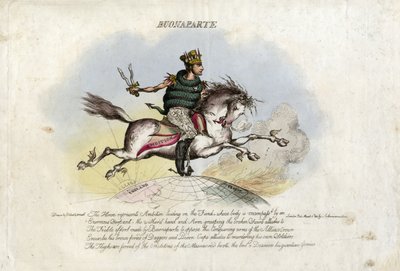 Napoléon galope sur Ambition, un cheval avec des ailes aux pieds, au-dessus du globe - William Heath