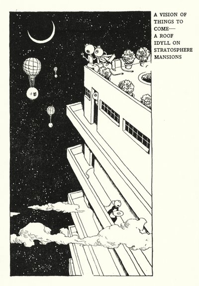 Une vision des choses à venir, une idylle sur le toit des Stratosphere Mansions - William Heath Robinson
