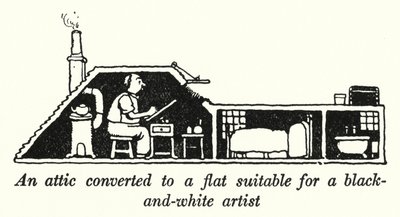 Un grenier converti en appartement adapté à un artiste en noir et blanc - William Heath Robinson