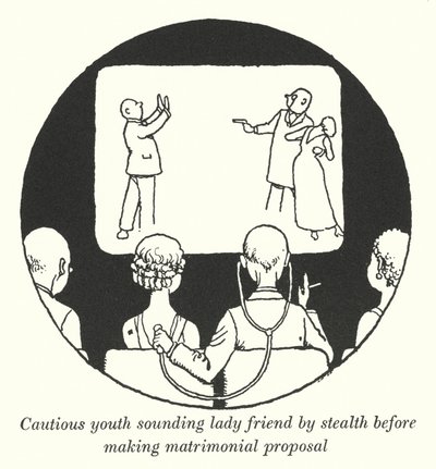 Jeune homme prudent sondant une amie en cachette avant de faire une proposition matrimoniale (lithographie) - William Heath Robinson