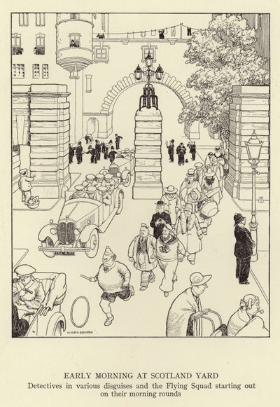 Tôt le matin à Scotland Yard, détectives en divers déguisements et la Flying Squad partant pour leurs rondes matinales - William Heath Robinson