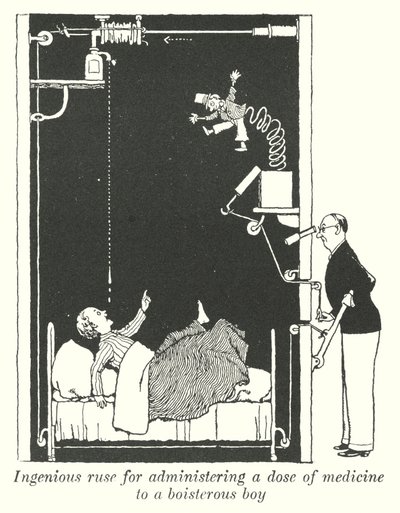 Ruse ingénieuse pour administrer une dose de médicament à un garçon turbulent (lithographie) - William Heath Robinson