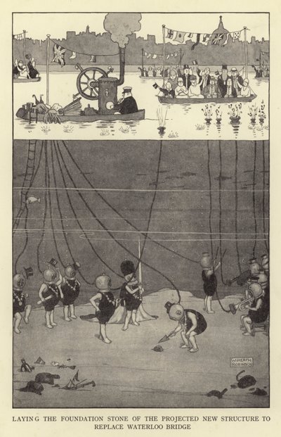 Pose de la première pierre de la nouvelle structure projetée pour remplacer le pont de Waterloo - William Heath Robinson