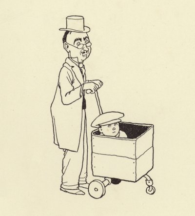 Homme poussant un garçon dans une boîte - William Heath Robinson