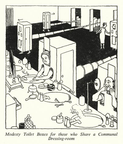 Boîtes de toilette modestes pour ceux qui partagent une salle de bain communautaire - William Heath Robinson