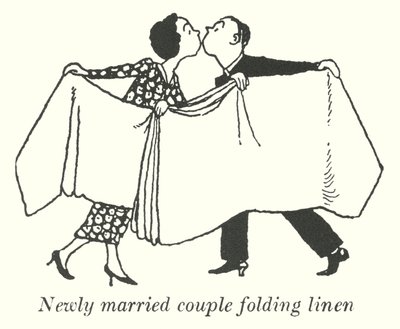 Jeune couple marié pliant du linge (lithographie) - William Heath Robinson