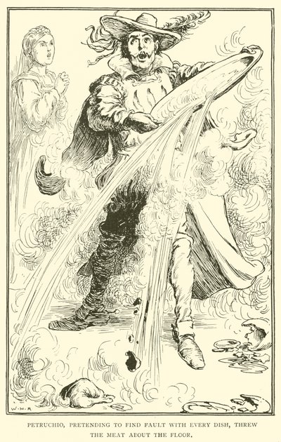 Petruchio, prétendant trouver à redire à chaque plat, jeta la viande par terre - William Heath Robinson
