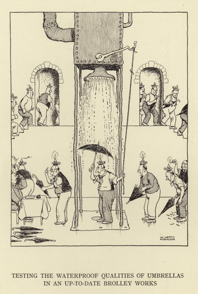 Test des qualités imperméables des parapluies dans une fabrique moderne de parapluies - William Heath Robinson