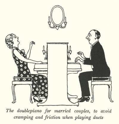 Le double piano pour les couples mariés, pour éviter les crampes et les frictions lors des duos (lithographie) - William Heath Robinson