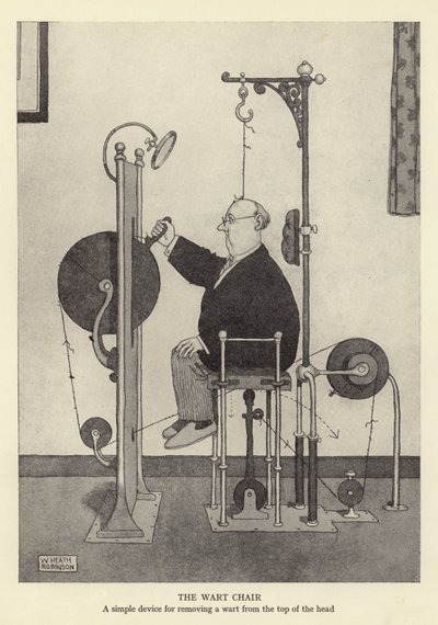 La chaise à verrue, un dispositif simple pour enlever une verrue du sommet de la tête - William Heath Robinson