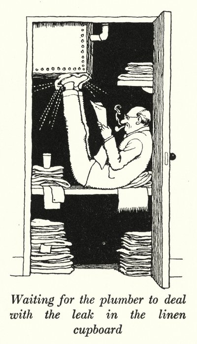 En attendant le plombier pour réparer la fuite dans le placard à linge (lithographie) - William Heath Robinson