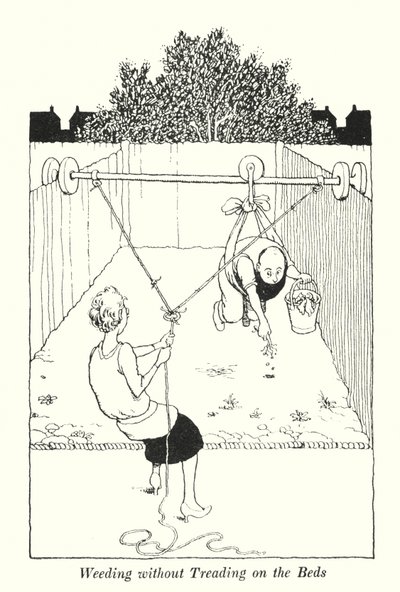 Désherbage sans marcher sur les plates-bandes (lithographie) - William Heath Robinson