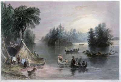 Tipis et canoës indiens, rives du Saint-Laurent - dans « Canadian scenery illustrated » par W.H. Bartlett, Londres - William Henry Bartlett