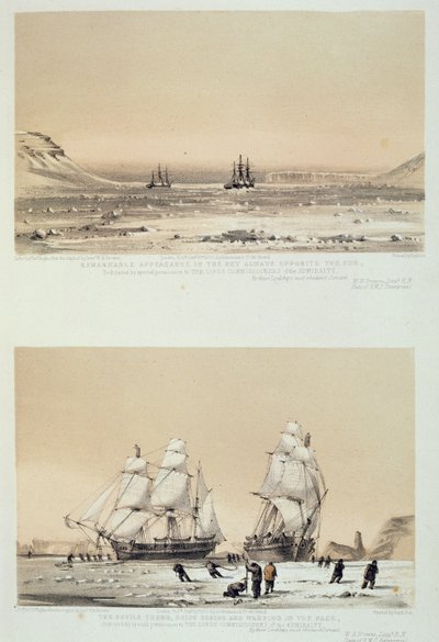 Apparence remarquable dans le ciel toujours en face du soleil (haut) et Le Pouce du Diable, navires forant et se déplaçant dans la banquise (bas) de 