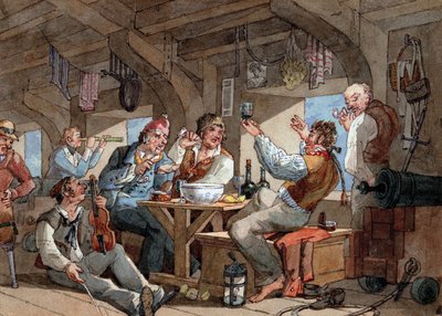 Marins buvant à bord du pont inférieur de leur navire, scène avec joueur de violon et fumeur de pipe, linge sur une corde, et équipement à bord (épée, fusil, canon, lampe) - William Henry Pyne