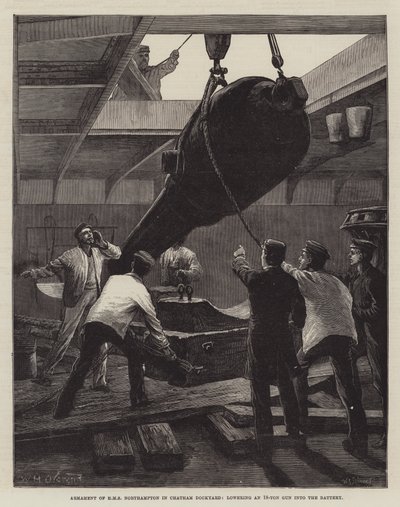 Armement du HMS Northampton dans le Chantier Naval de Chatham, abaissant un Canon de 18 Tonnes dans la Batterie - William Heysham Overend