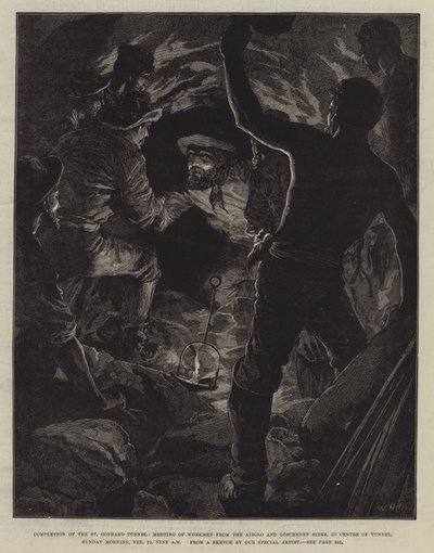 Achèvement du tunnel du Saint-Gothard, rencontre des ouvriers des côtés Airolo et Goschenen, au centre du tunnel, dimanche matin, 29 février, neuf heures - William Heysham Overend