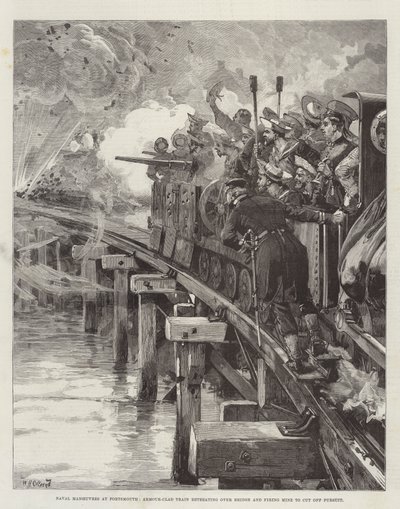 Manœuvres navales à Portsmouth, train blindé se retirant sur un pont et déclenchant une mine pour couper la poursuite - William Heysham Overend
