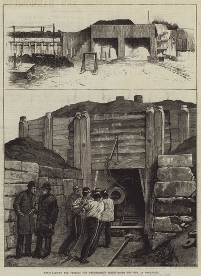 Préparations pour tester le canon de trente-huit tonnes du Thunderer à Woolwich - William Heysham Overend
