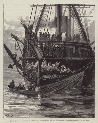La collision au large de Folkestone entre deux cuirassés allemands, le Konig Wilhelm, montrant les dommages à ses proues - William Heysham Overend