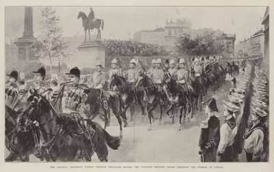 La procession coloniale passant par Trafalgar Square, les troupes montées canadiennes précédant le Premier ministre du Canada - William Heysham Overend