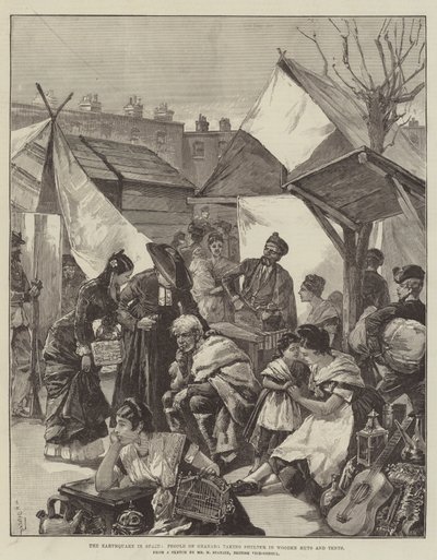 Le tremblement de terre en Espagne, les habitants de Grenade se réfugiant dans des huttes et des tentes en bois - William Heysham Overend