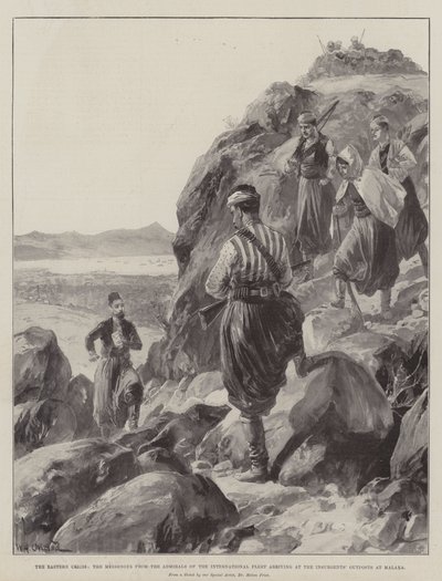 La crise orientale, le messager des amiraux de la flotte internationale arrivant aux avant-postes des insurgés à Malaxa - William Heysham Overend