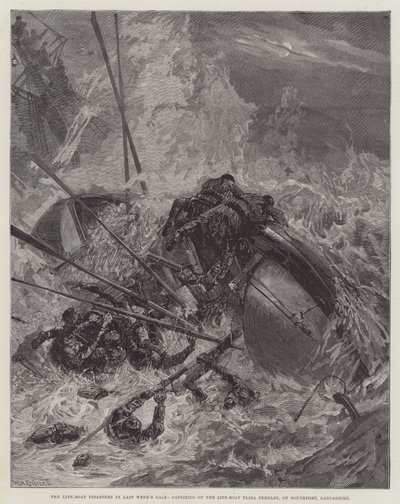 Les désastres du canot de sauvetage lors de la tempête de la semaine dernière, chavirement du canot de sauvetage Eliza Fernley, de Southport, Lancashire - William Heysham Overend