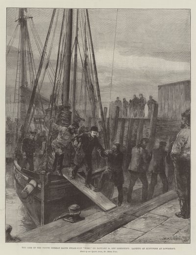 La perte du vapeur Elbe de la North German Lloyd, le 30 janvier, au large de Lowestoft, débarquement des survivants à Lowestoft - William Heysham Overend