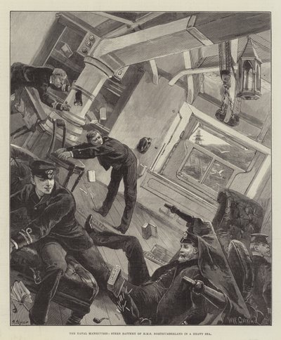 Les manœuvres navales, batterie arrière du HMS Northumberland en mer agitée - William Heysham Overend