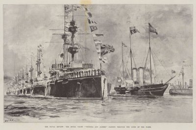 La Revue navale, le yacht royal Victoria et Albert passant à travers les lignes de la flotte - William Heysham Overend