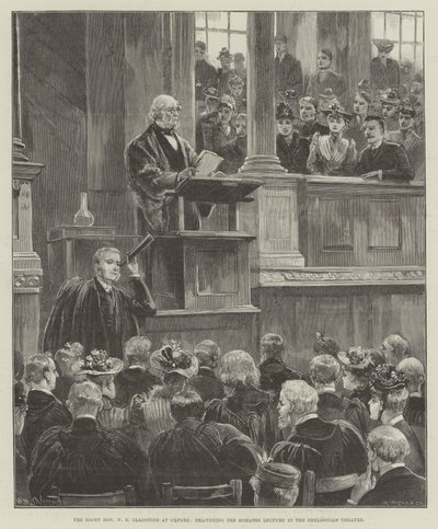 Le très honorable W E Gladstone à Oxford, prononçant la conférence Romanes au théâtre Sheldonian - William Heysham Overend