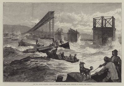 La catastrophe du pont de Tay, lancements à vapeur et barge de plongeurs employés dans la recherche - William Heysham Overend