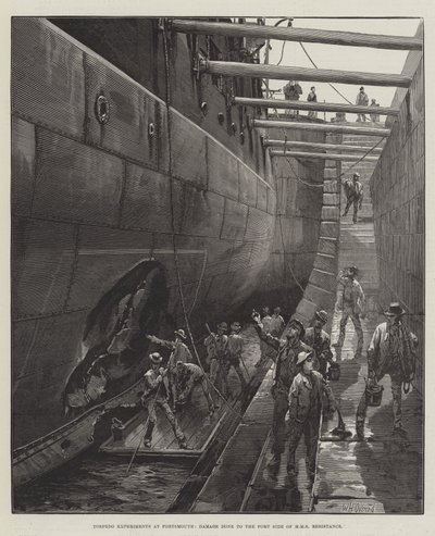 Expériences de torpilles à Portsmouth, dommages causés au côté bâbord du HMS Resistance - William Heysham Overend
