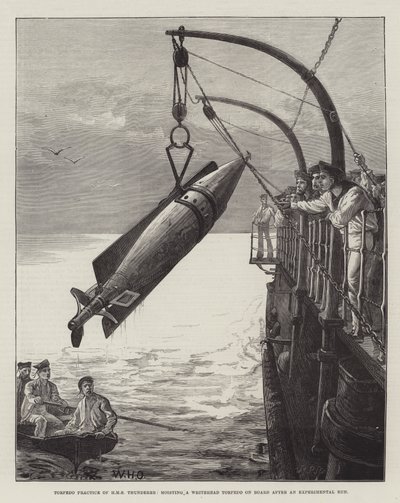 Exercice de torpille du HMS Thunderer, hissant une torpille Whitehead à bord après un essai - William Heysham Overend