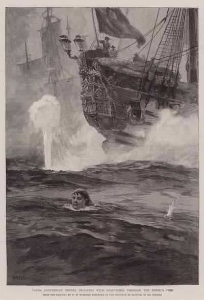 Le jeune Cloudesley Shovell nageant avec des dépêches à travers le feu ennemi - William Heysham Overend