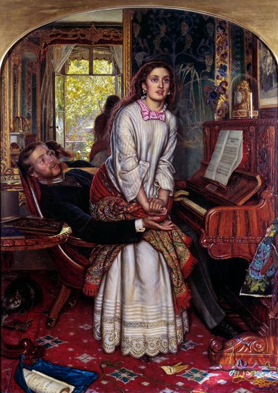 Le réveil de la conscience Une jeune femme dans le péché se lève soudainement, en proie à une révélation spirituelle, cherchant à échapper aux bras de son amant - William Holman Hunt