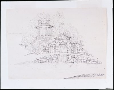 Chiswick, design pour une cascade rocheuse avec un temple dorique octogonal sur la terrasse derrière - William Kent