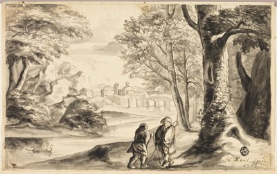 Deux voyageurs sous un arbre avec village et pont au loin - William Kent