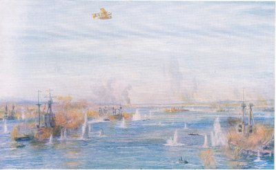 Bombardement des Dardanelles, 18 mars 1915, de Cassells History of the British People publié par la Waverley Book Company Limited, vers 1940 - William Lionel Wyllie