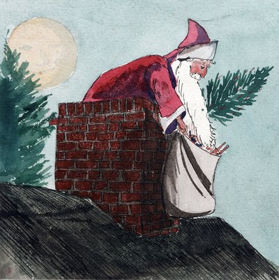 Père Noël descendant par une cheminée, tirant un sac plein de jouets et un arbre de Noël. Aquarelle, début du 20e siècle, par William Lionel Wyllie (1851-1931). - William Lionel Wyllie