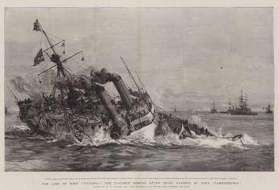 La perte du HMS Victoria, le navire amiral coulant après avoir été éperonné par le HMS Camperdown - William Lionel Wyllie