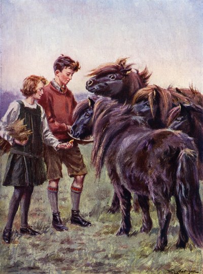 Garçon et fille nourrissant des poneys Shetland - William Luker